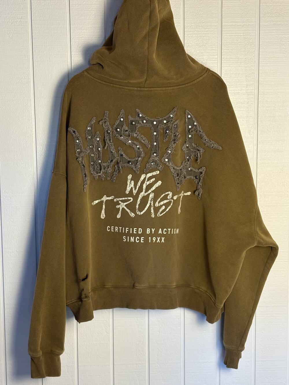 PacSun XL In Hustle We Trust Hoodie Studded Distressed Oversized Grunge Y2K